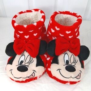 Disney Minnie Mouse Bootie Slippers Sherpa Lined Red White Women's Size S/M
